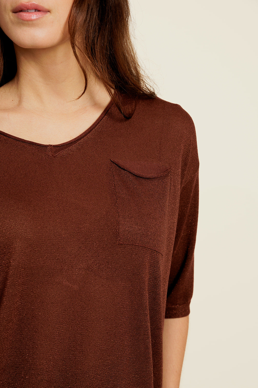 BELIOR - Pull Manches Courtes Marron avec Lurex