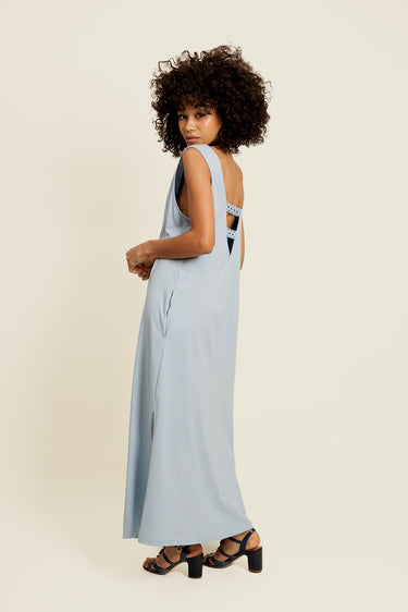 LÉONISSE - Robe Longue Bleu à Dos Nu Dentelle