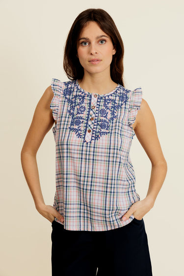SÉLISSE - Blouse Bleue en coton à carreaux avec Broderie