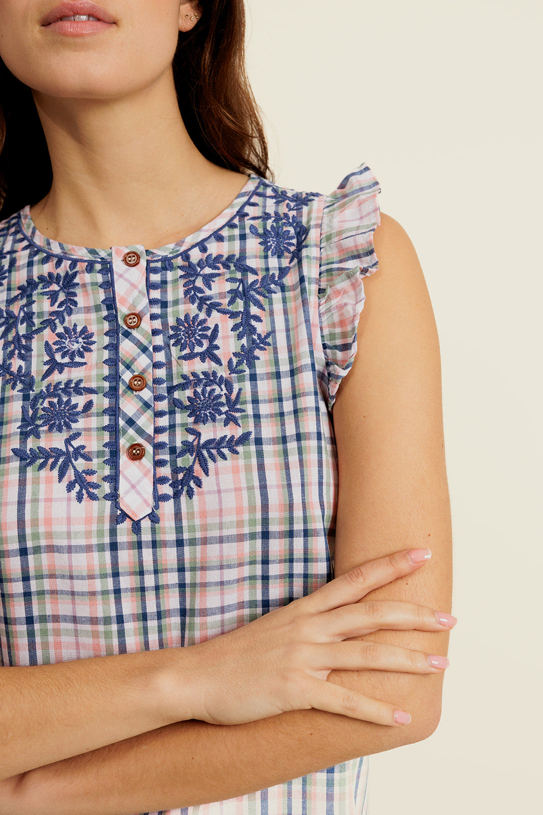SÉLISSE - Blouse Bleue en coton à carreaux avec Broderie
