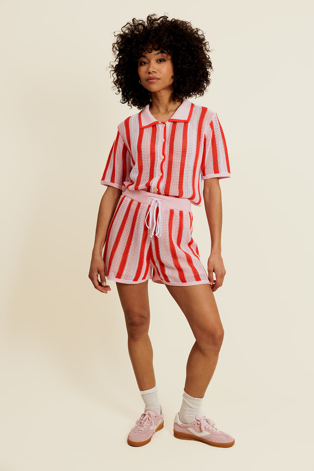 AELINNE - Short Rose/Rouge en Coton à Rayures
