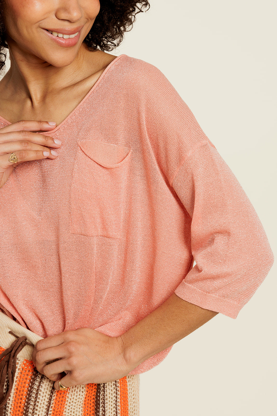 BELIOR - Pull Manches Courtes Orange avec Lurex