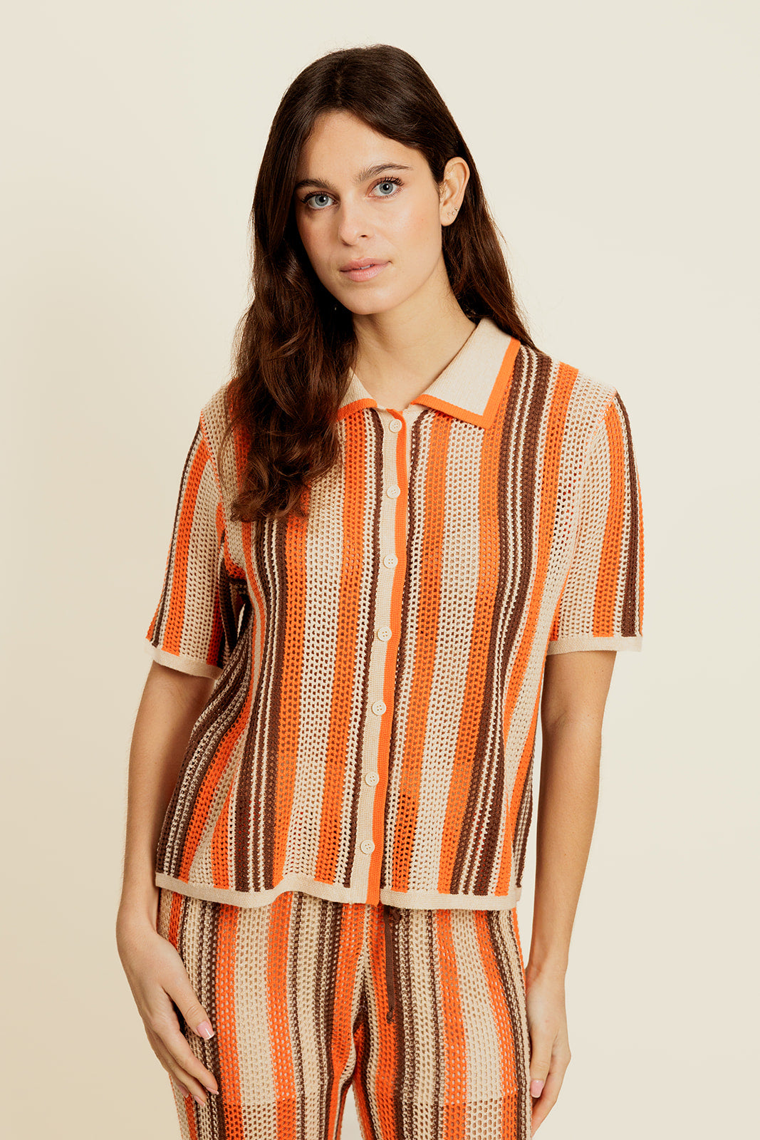 DALENOR - Polo Beige/Orange en Coton à Rayures