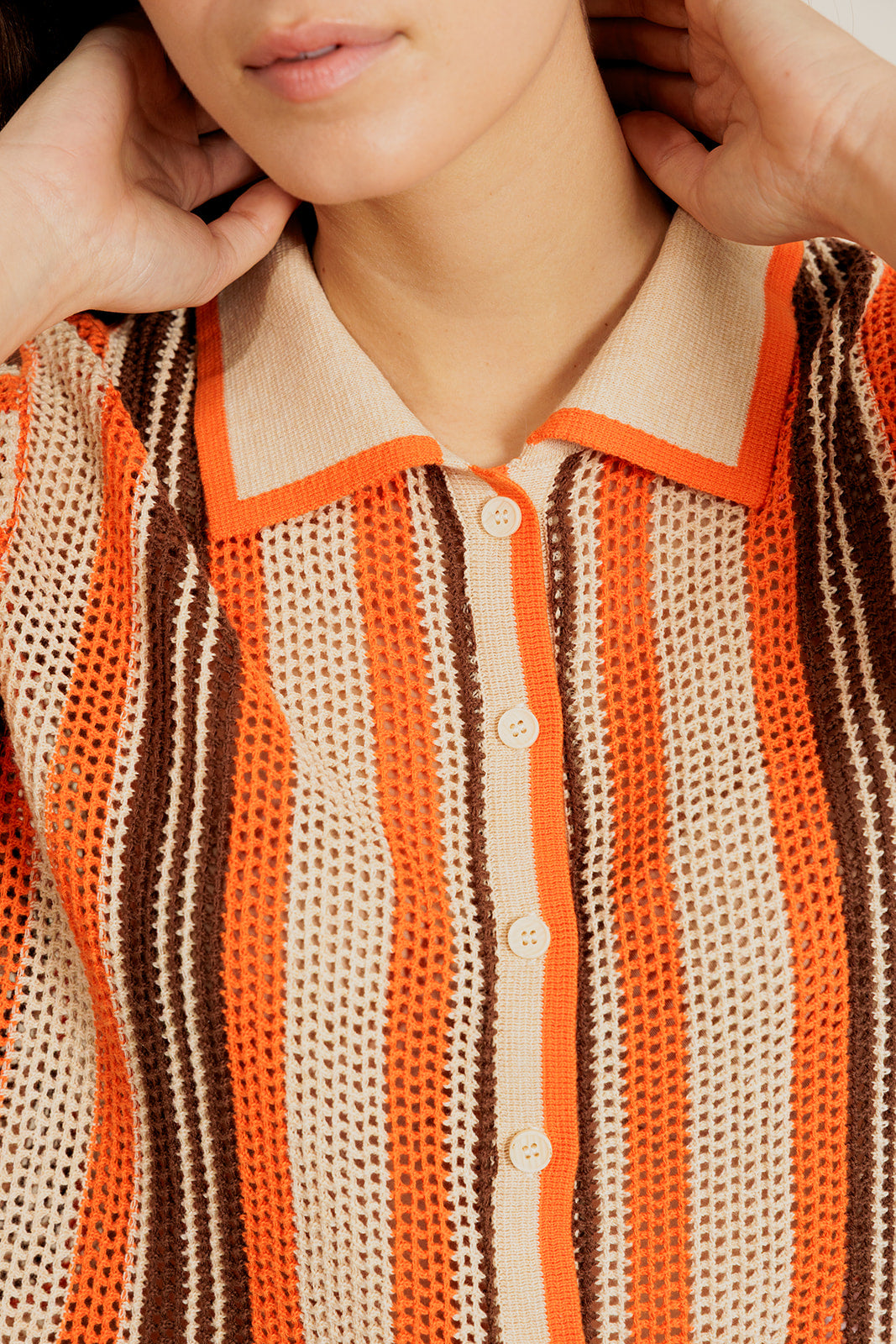 DALENOR - Polo Beige/Orange en Coton à Rayures
