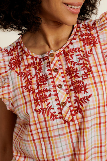 SÉLISSE - Blouse Brique en coton à carreaux avec Broderie