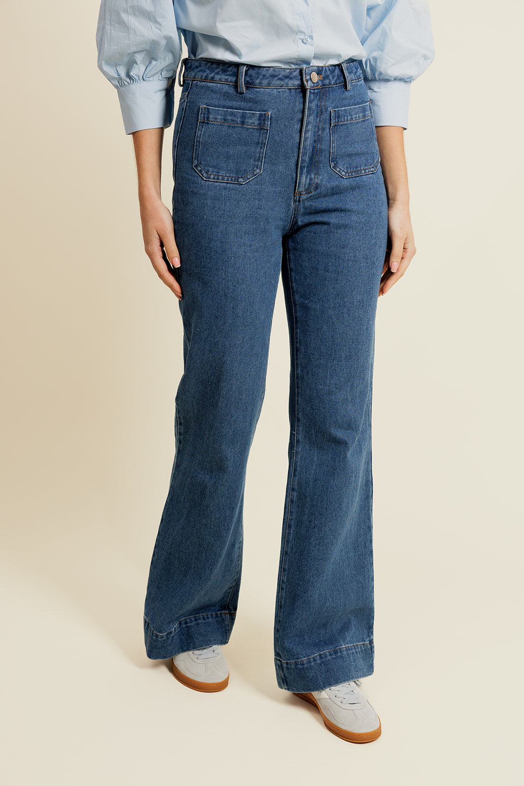 APPOLINE - Pantalon Large Bleu à Taille Haute