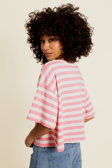ZÉLYNOR - T-Shirt Court Rose Oversize à Rayures