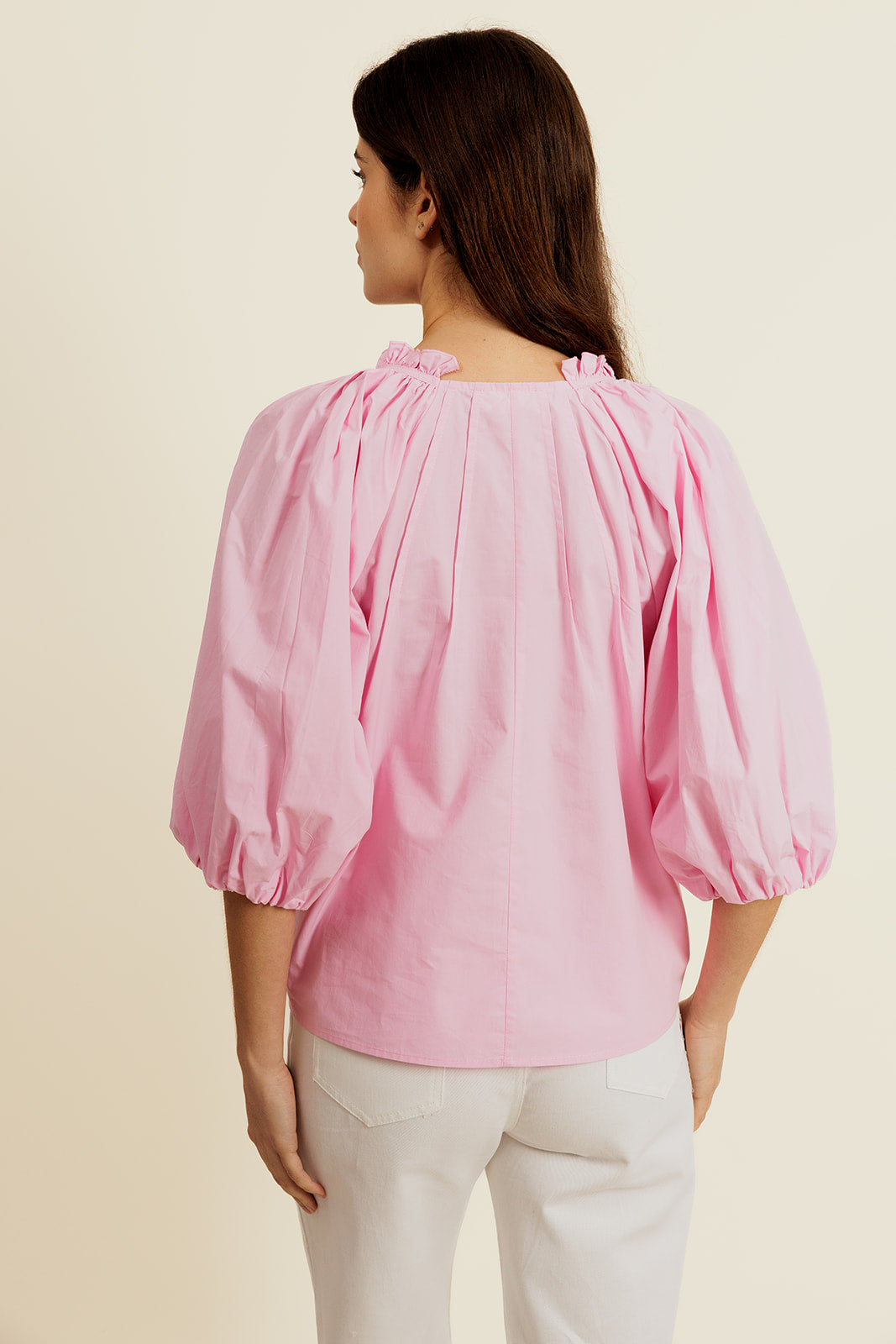 IRÉNOR - Blouse Rose avec manche 2/3 Ballon et Froufrou