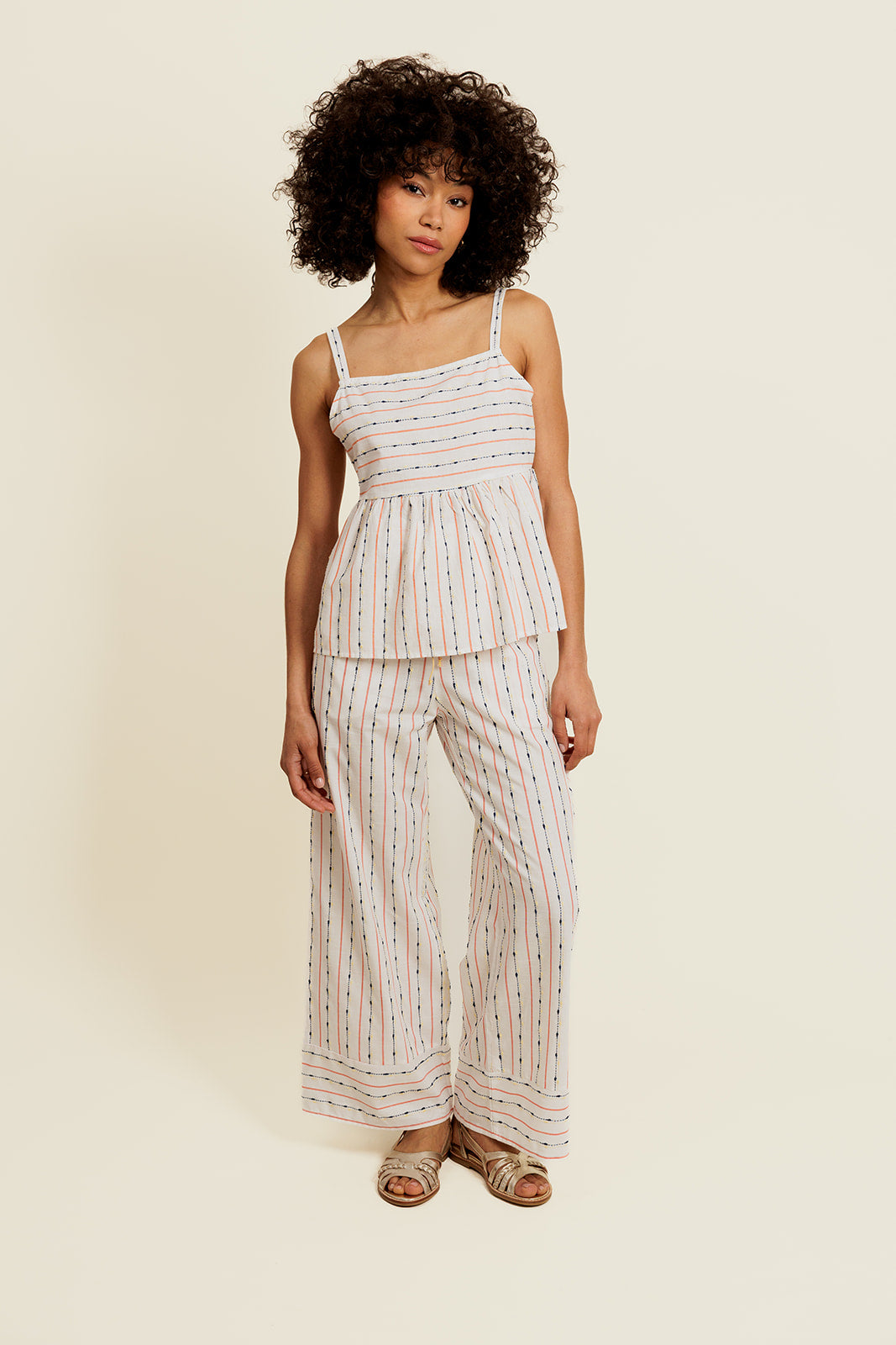 VÉLYSS - Pantalon Fluide Blanc en Coton Rayé