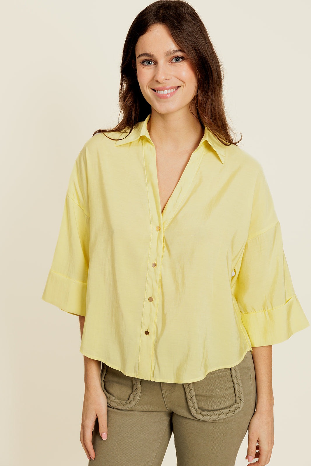 ÉLIA - Chemise Unie Jaune Femme Col V
