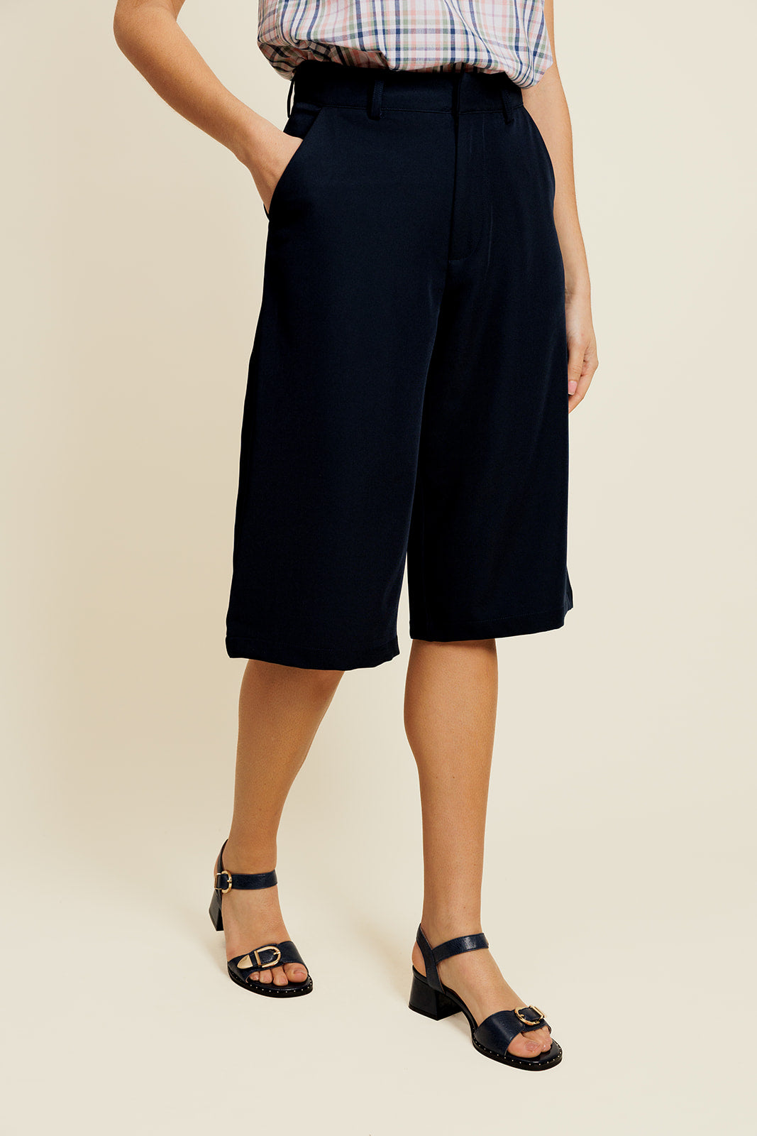 LORENZO - Bermuda Marine Taille Haute à Jambes Larges