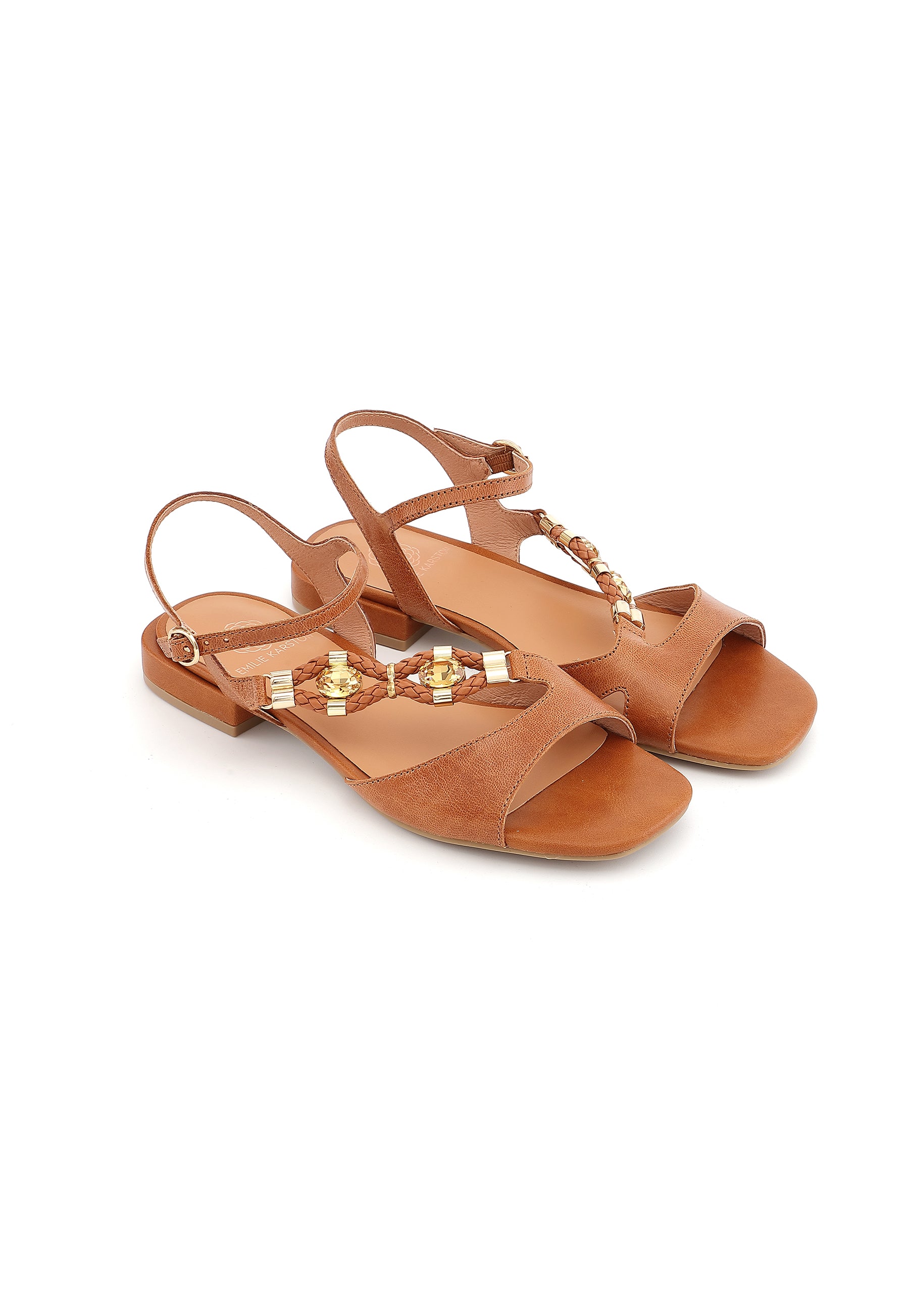 CLEMENCE - Sandale Bijou Talon Plat en Cuir Camel