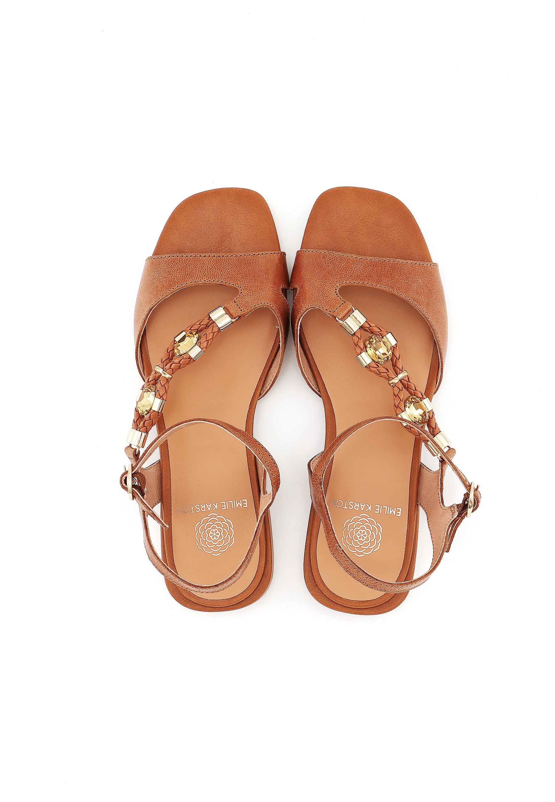 CLEMENCE - Sandale Bijou Talon Plat en Cuir Camel