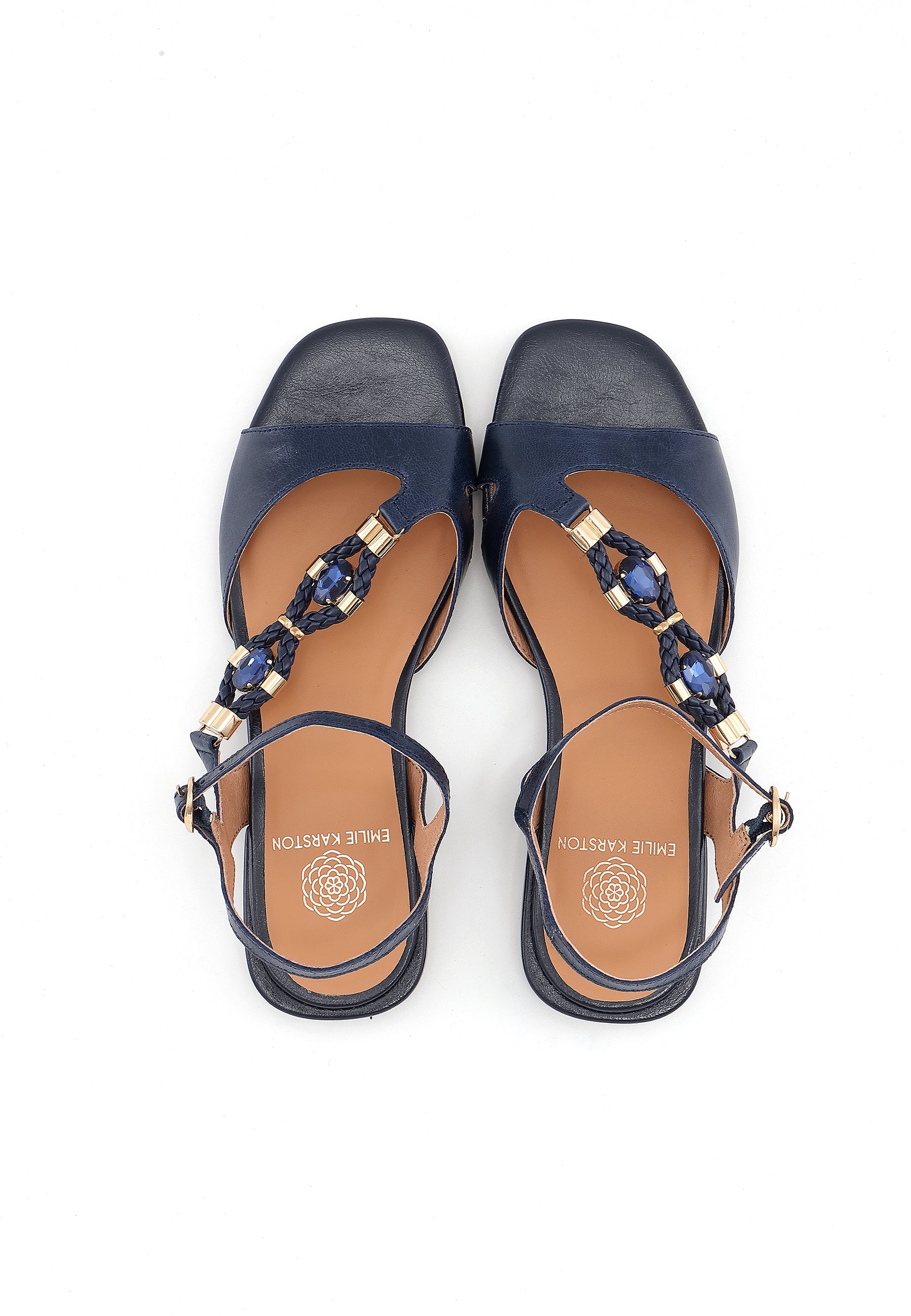 CLEMENCE - Sandale Bijou Talon Plat en Cuir Marine