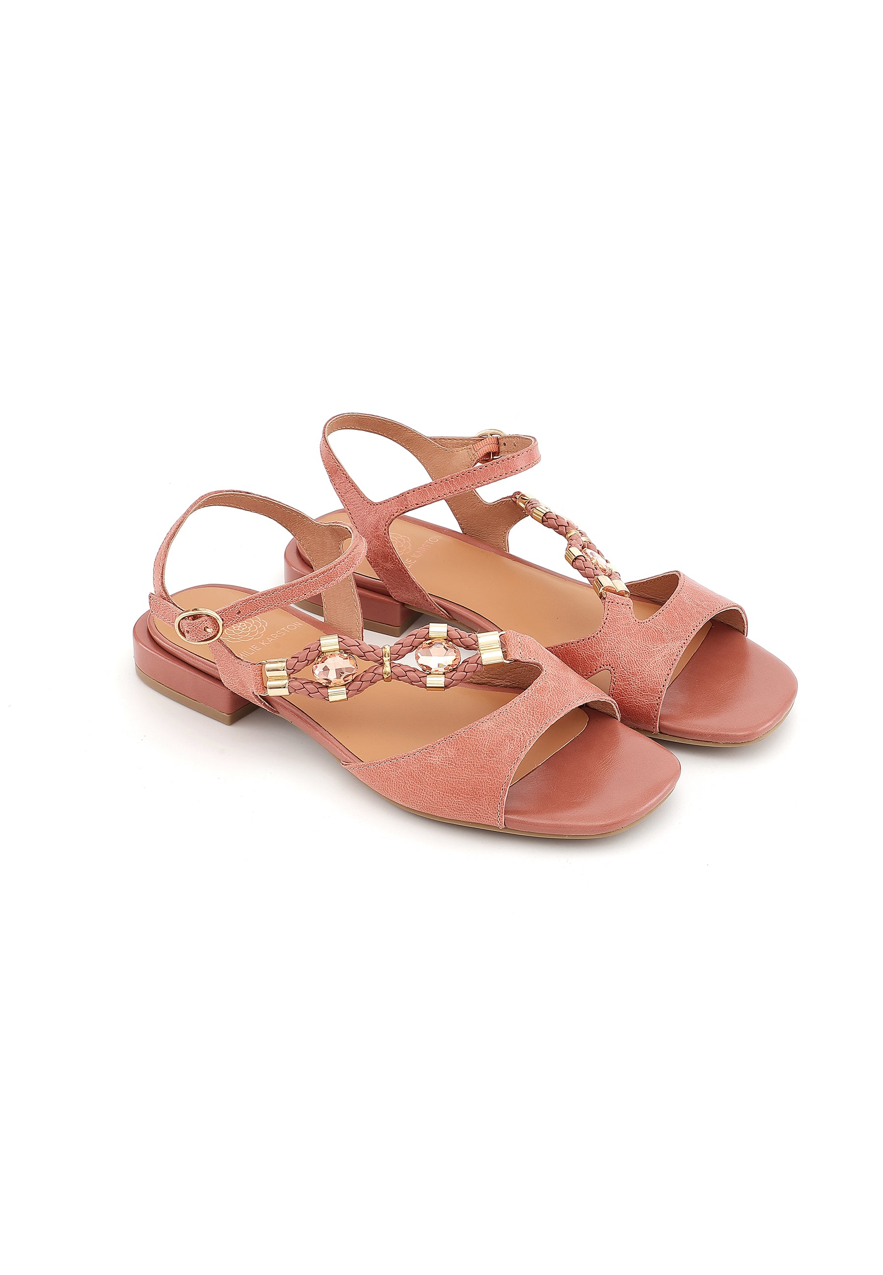 CLEMENCE - Sandale Bijou Talon Plat en Cuir Rose