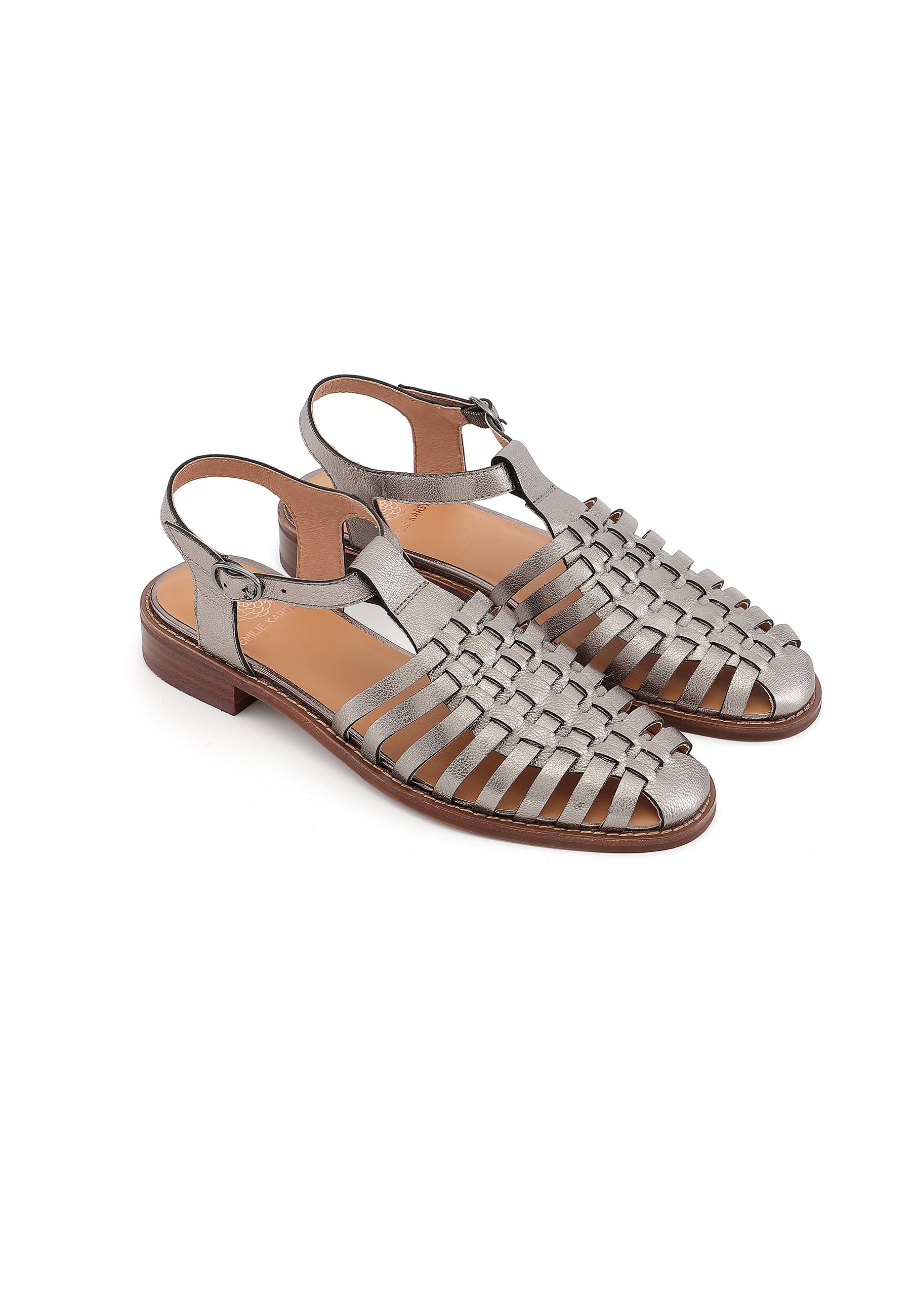 JIPAS - Sandales Plates à Brides Croisées en Cuir Argent Etain