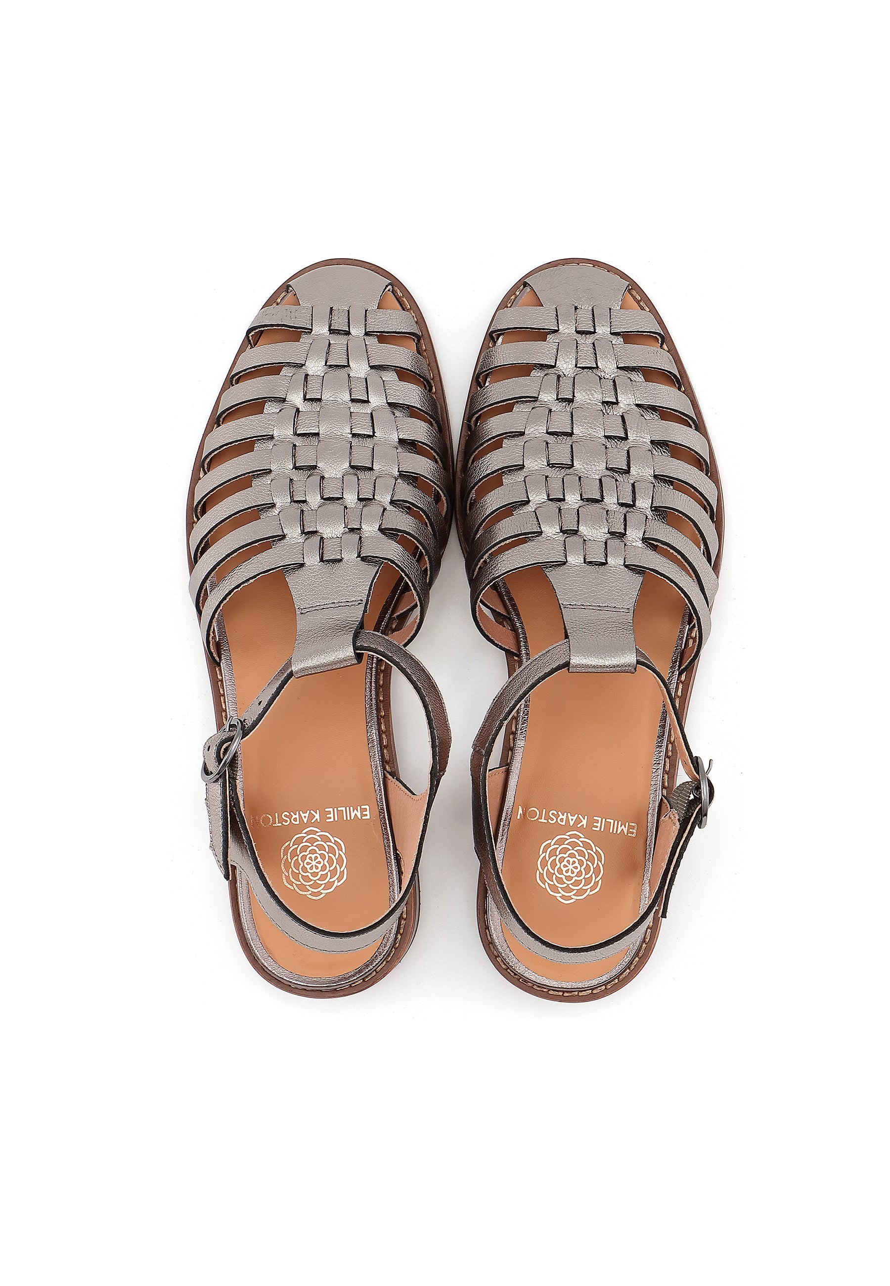 JIPAS - Sandales Plates à Brides Croisées en Cuir Argent Etain