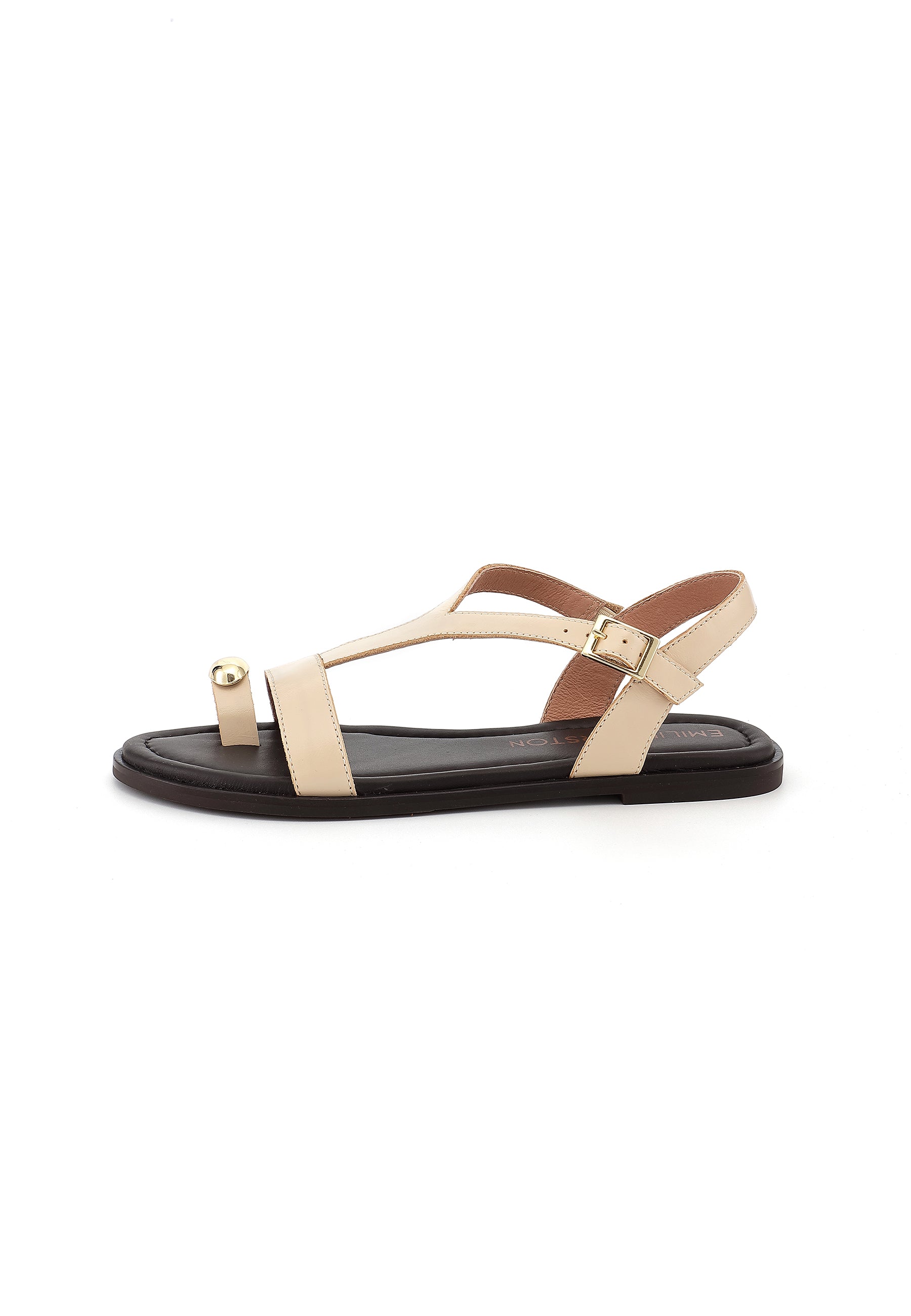 LYNDA - Sandales Plates en Cuir Crème avec Bijou
