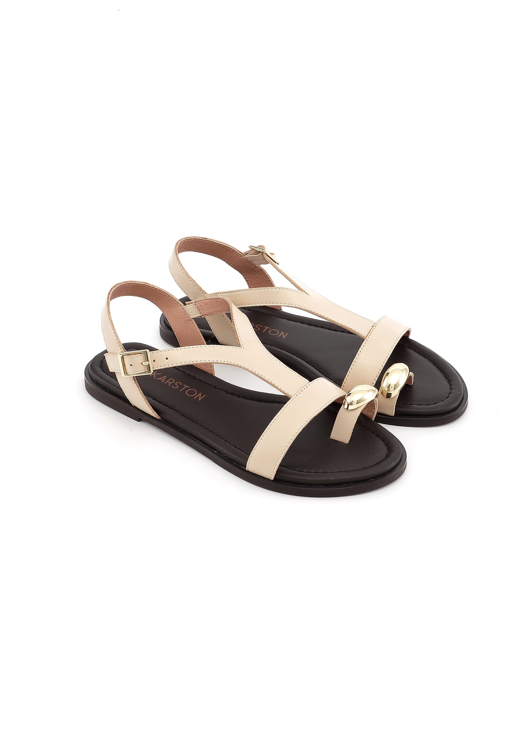 LYNDA - Sandales Plates en Cuir Crème avec Bijou