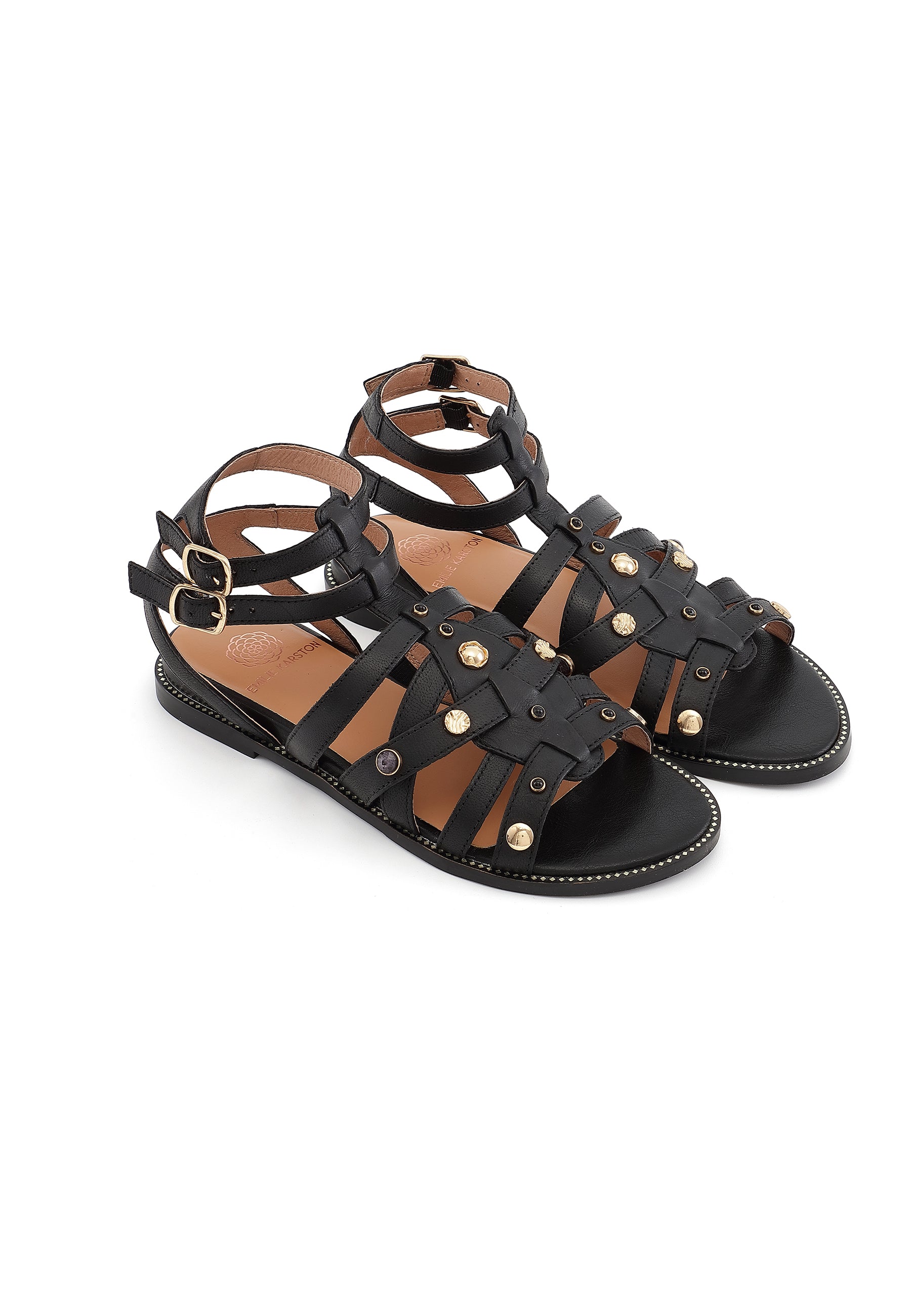 YASMINE - Sandale Plate en Cuir Noir
