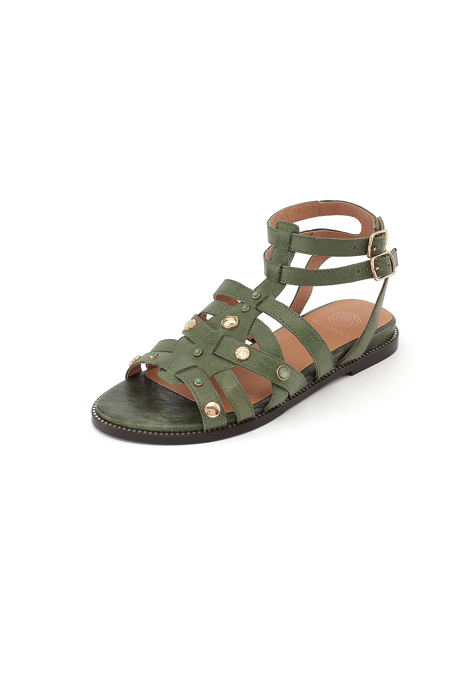 YASMINE - Sandale Plate en Cuir Vert