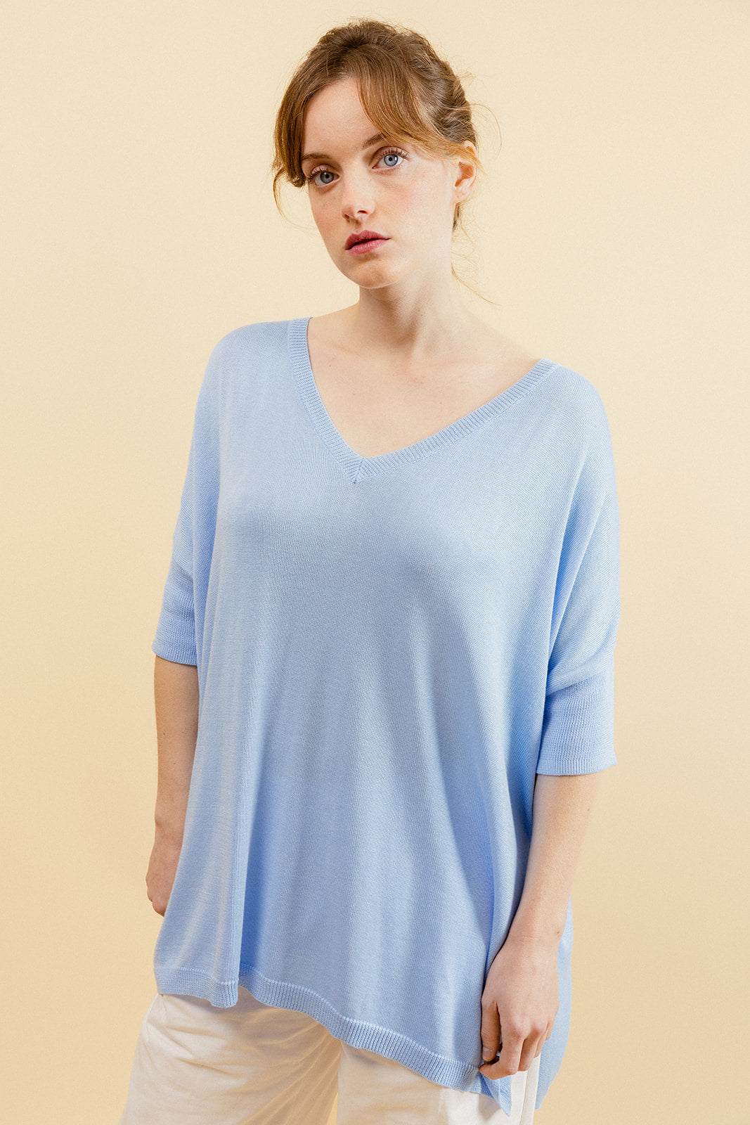 STEPH - Pull Bleu Uni Oversize Femme