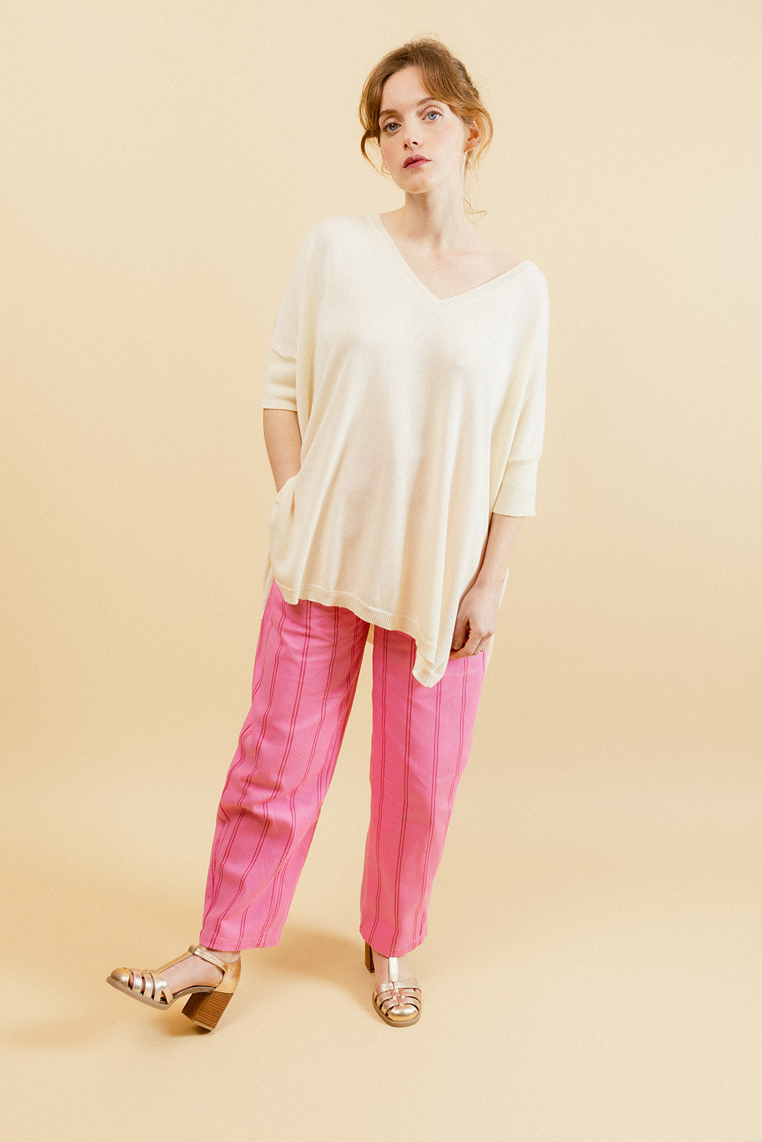 STEPH - Pull Ivoire Uni Oversize Femme