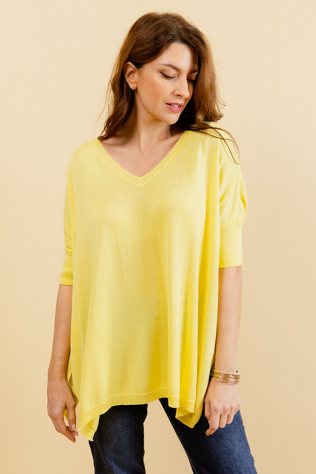 STEPH - Pull Jaune Uni Oversize Femme