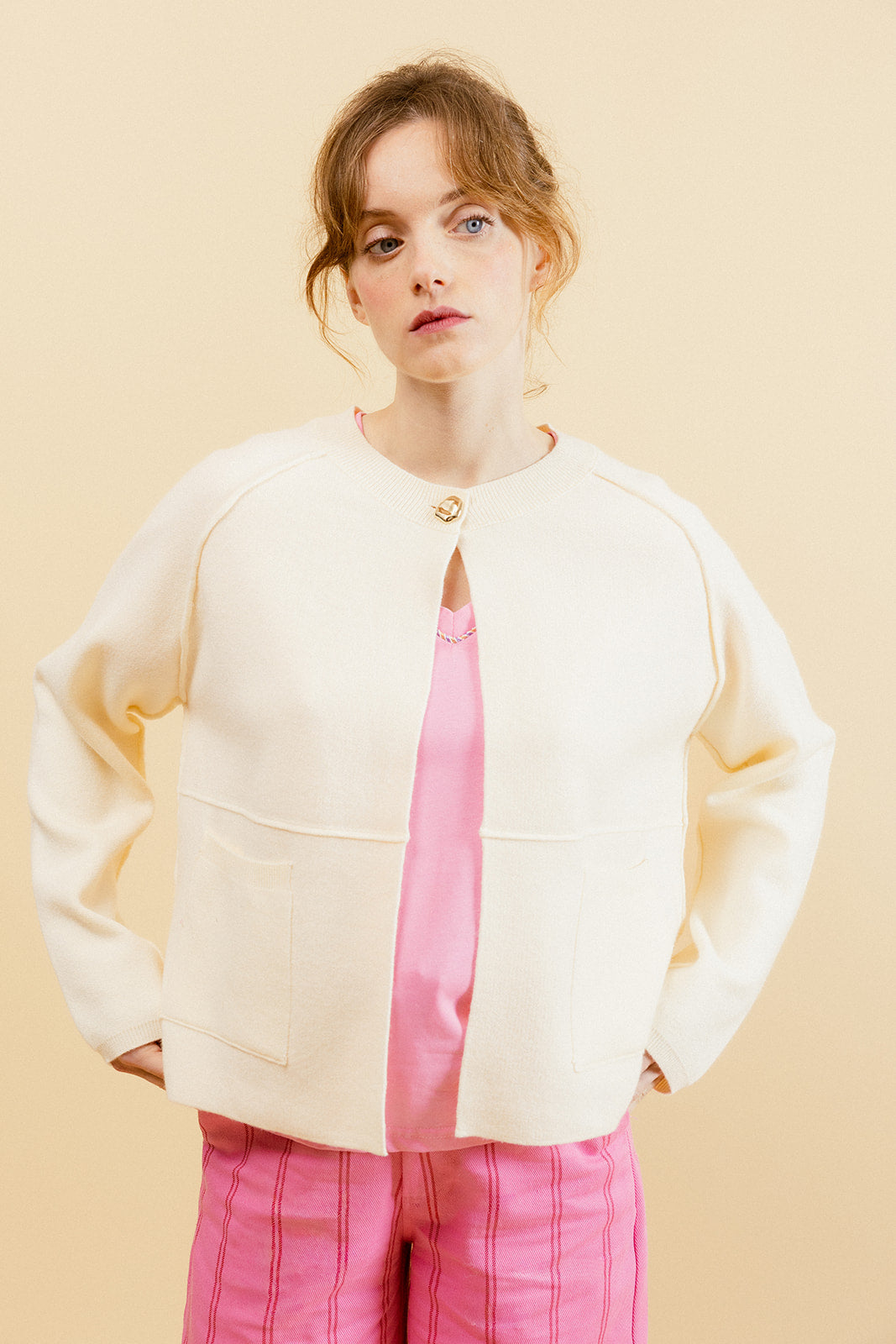 ERICA - Gilet Écru en Maille Femme