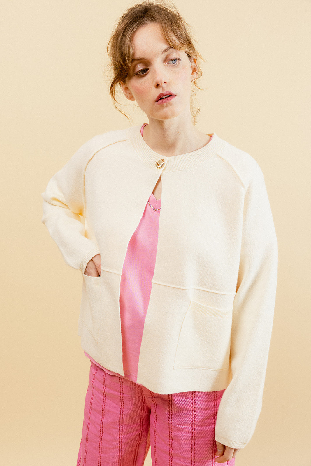 ERICA - Gilet Écru en Maille Femme