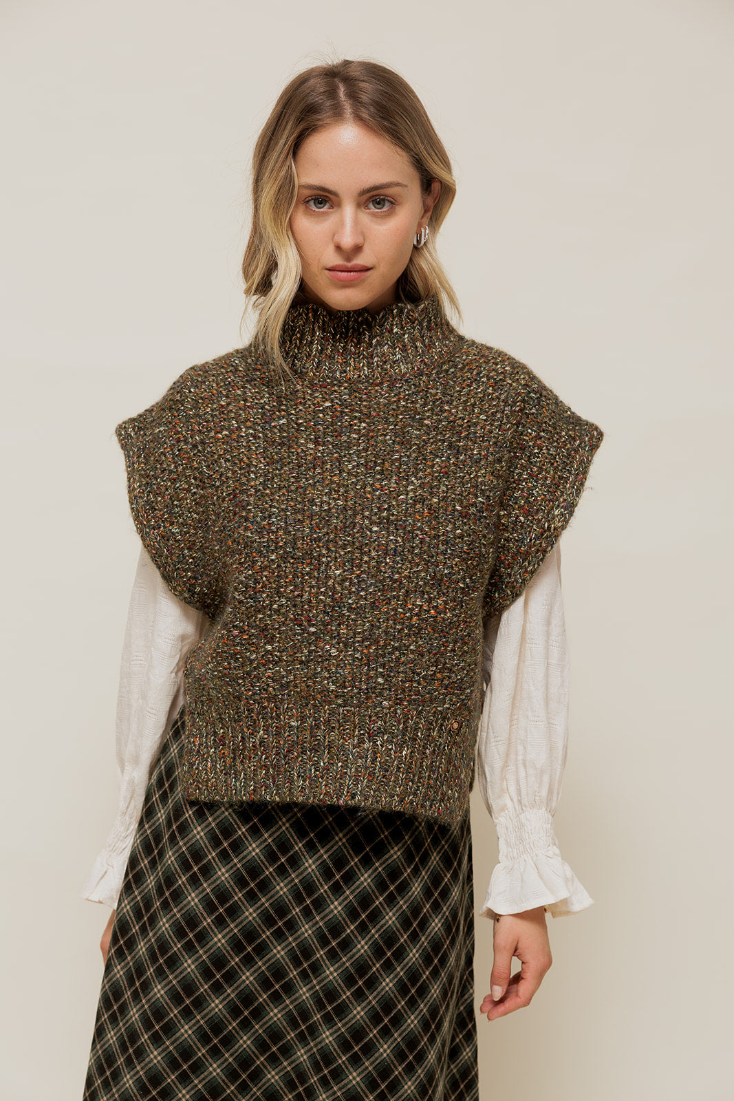 ISALINEY - Pull Sans Manches Col Haut Vert