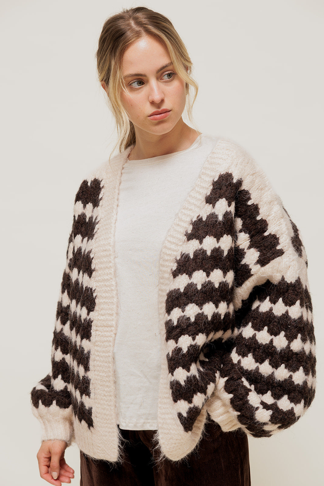 LORISIA - Gilet Oversize en Grosse Maille Bicolore Écru