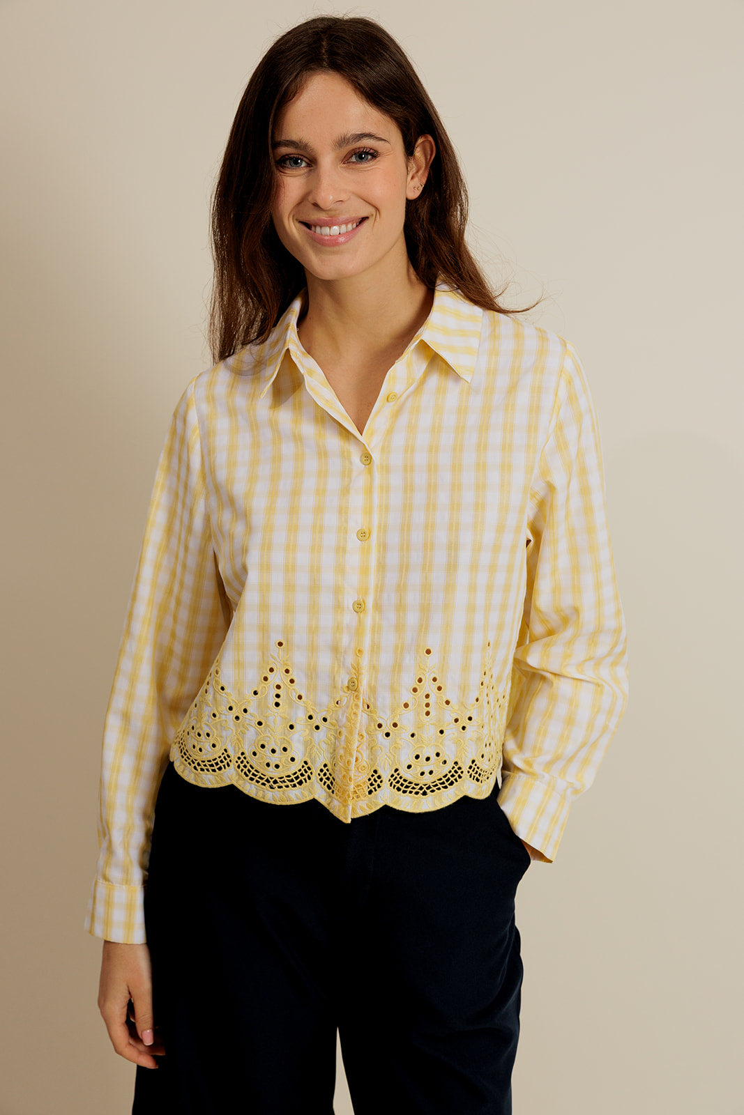 MAËLYS - Chemise à Carreaux Jaune Femme avec Broderies
