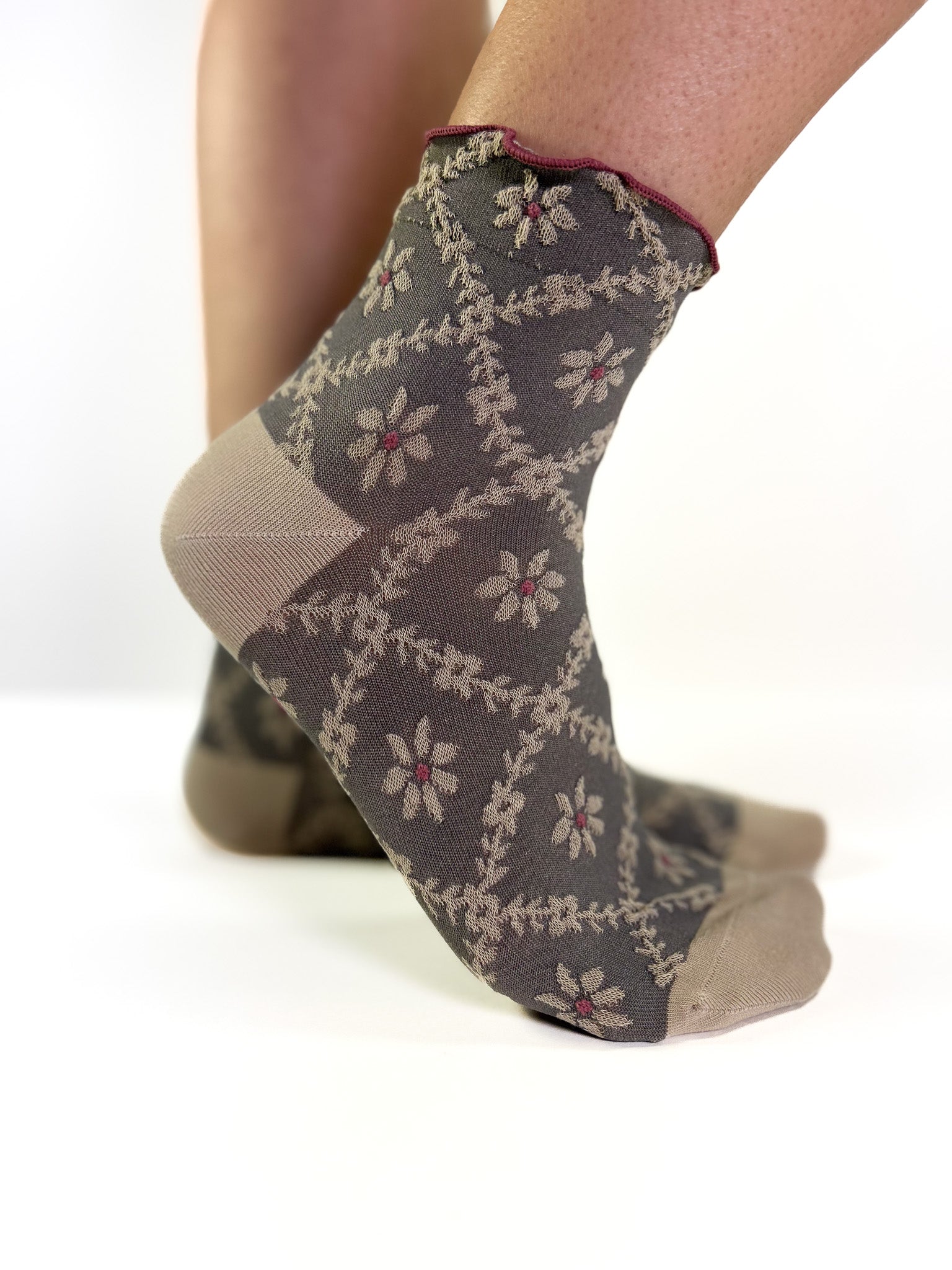 MARGUERITE - Chaussettes à Quadrillage Floral Gris & Prune