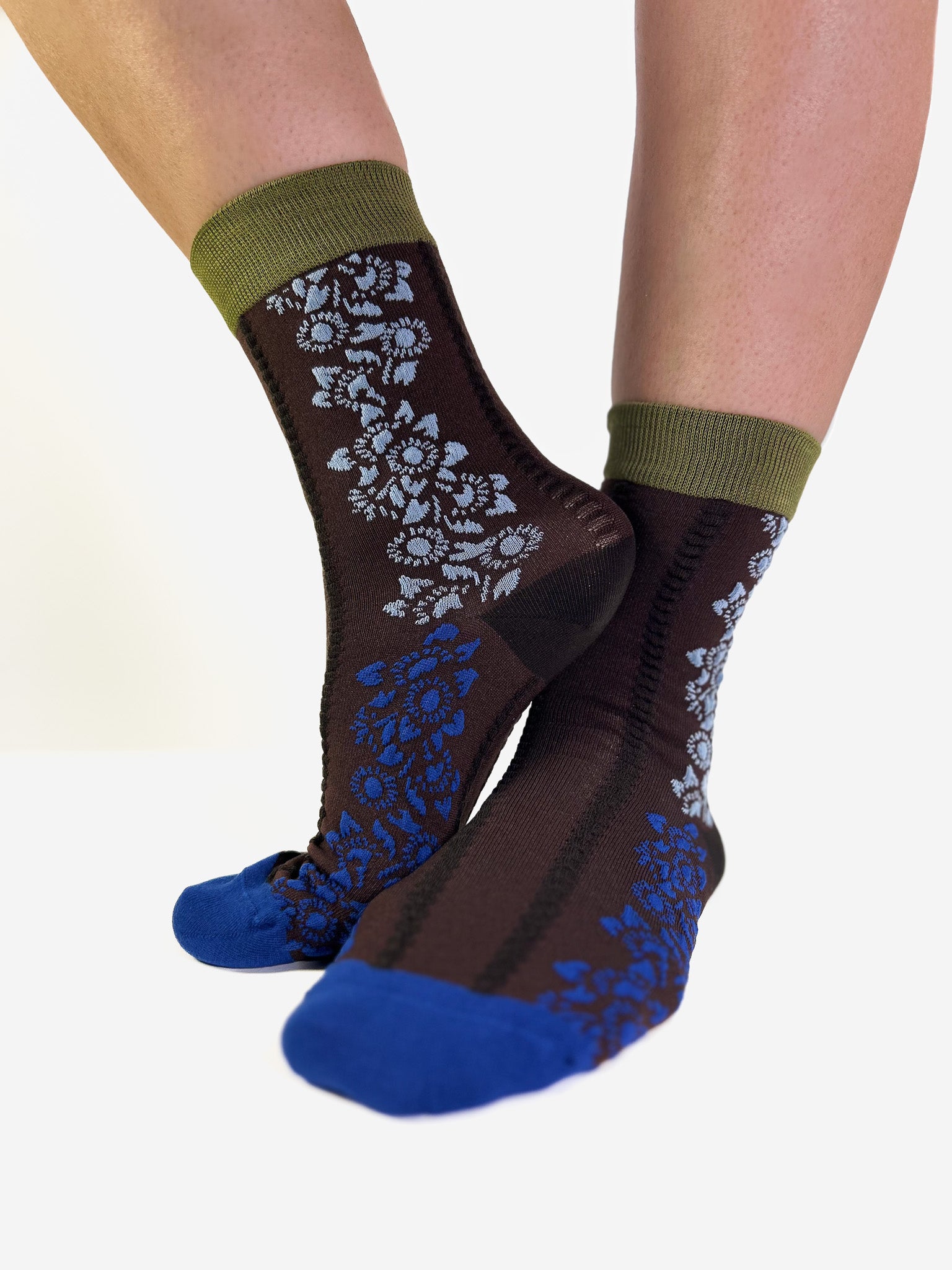 SUNFLOWER - Chaussettes Florales Chocolat, Kaki & Bleu