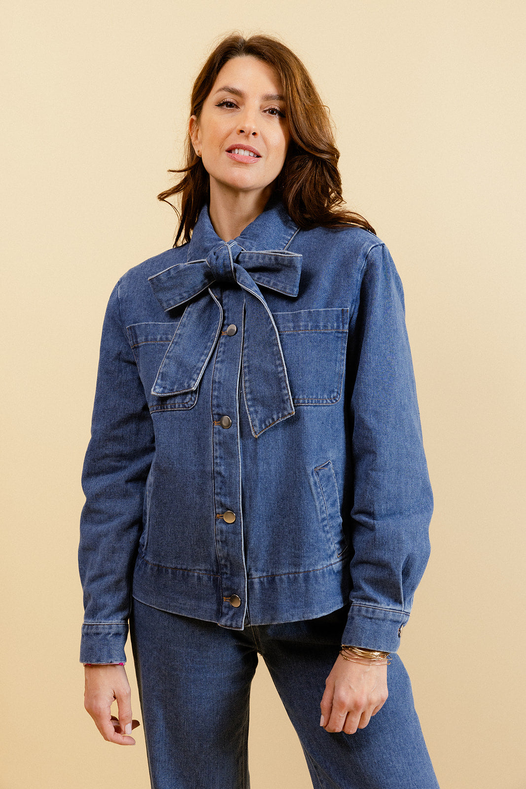 LEVANNAH - Veste en Jean Bleue Femme avec Nœud