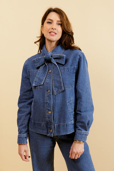 LEVANNAH - Veste en Jean Bleue Femme avec Nœud