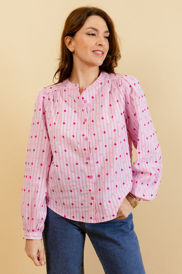 VALENTINA – Chemise Rose à Rayures avec Broderies