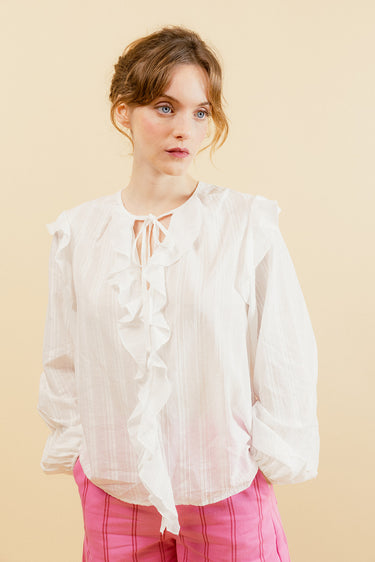 HÉLÈNE - Blouse Unie Blanche à Volants