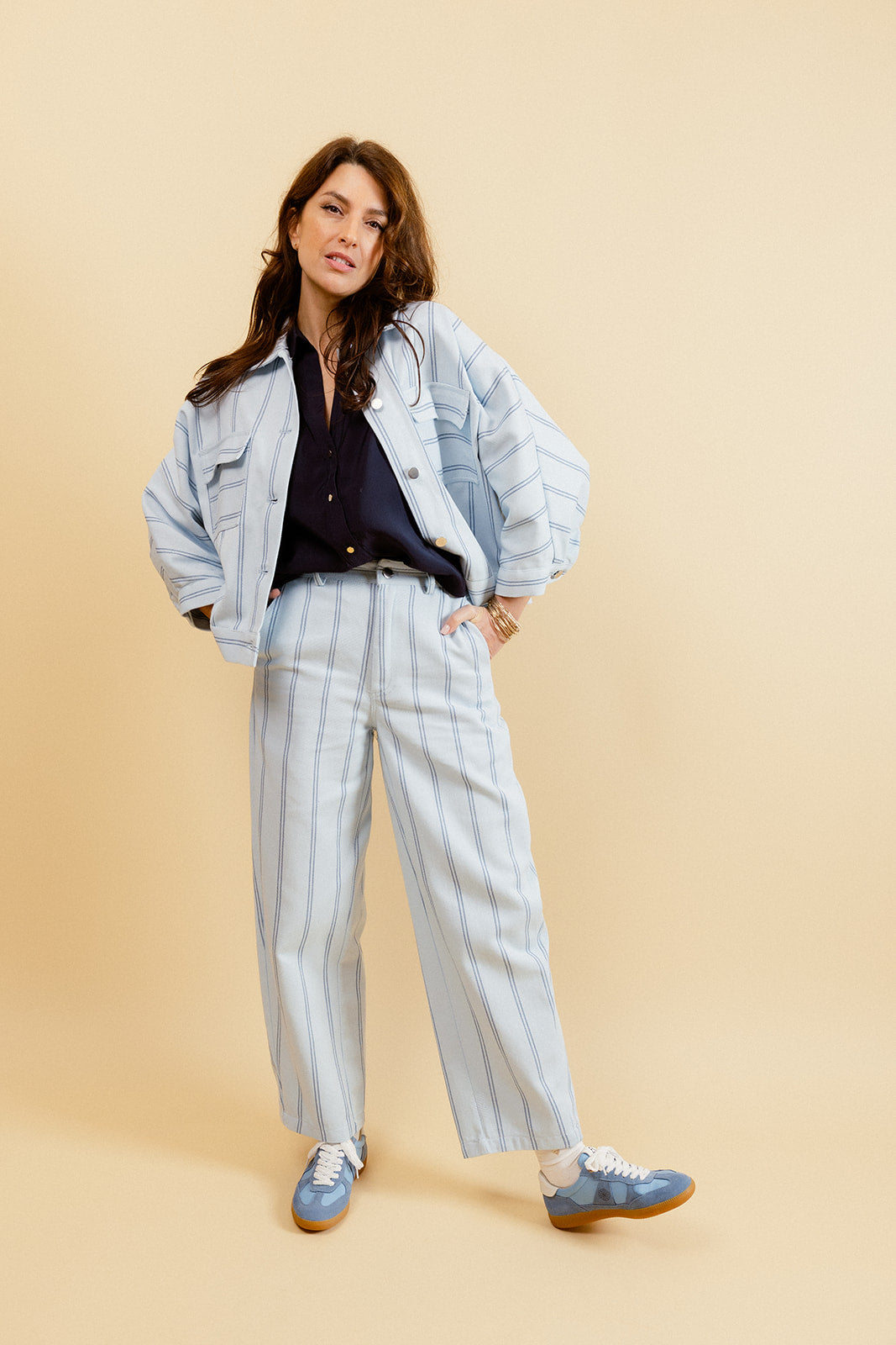 VICKI - Pantalon Balloon Ciel à Double Rayures