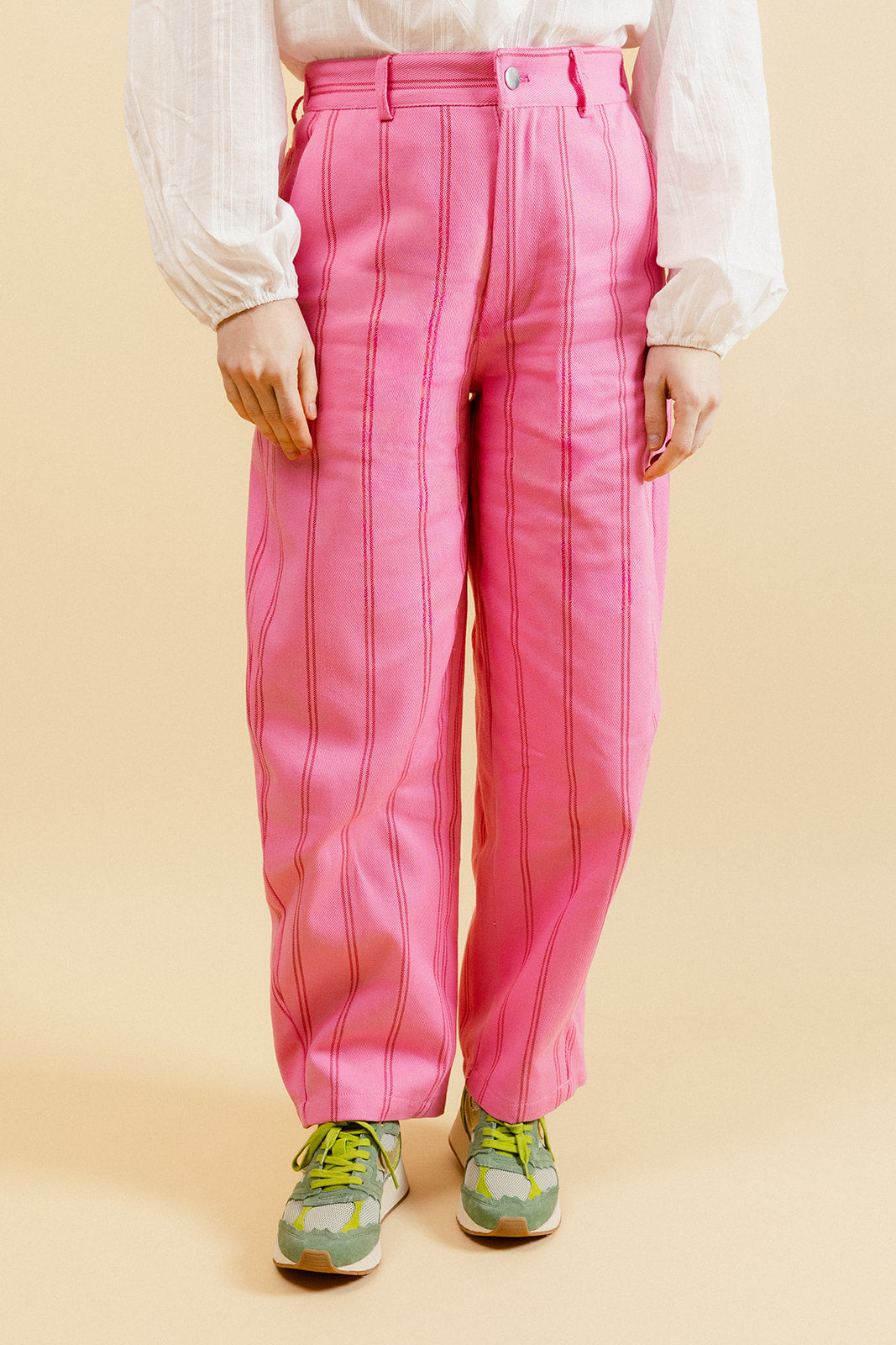 VICKI - Pantalon Balloon Rose à Double Rayures