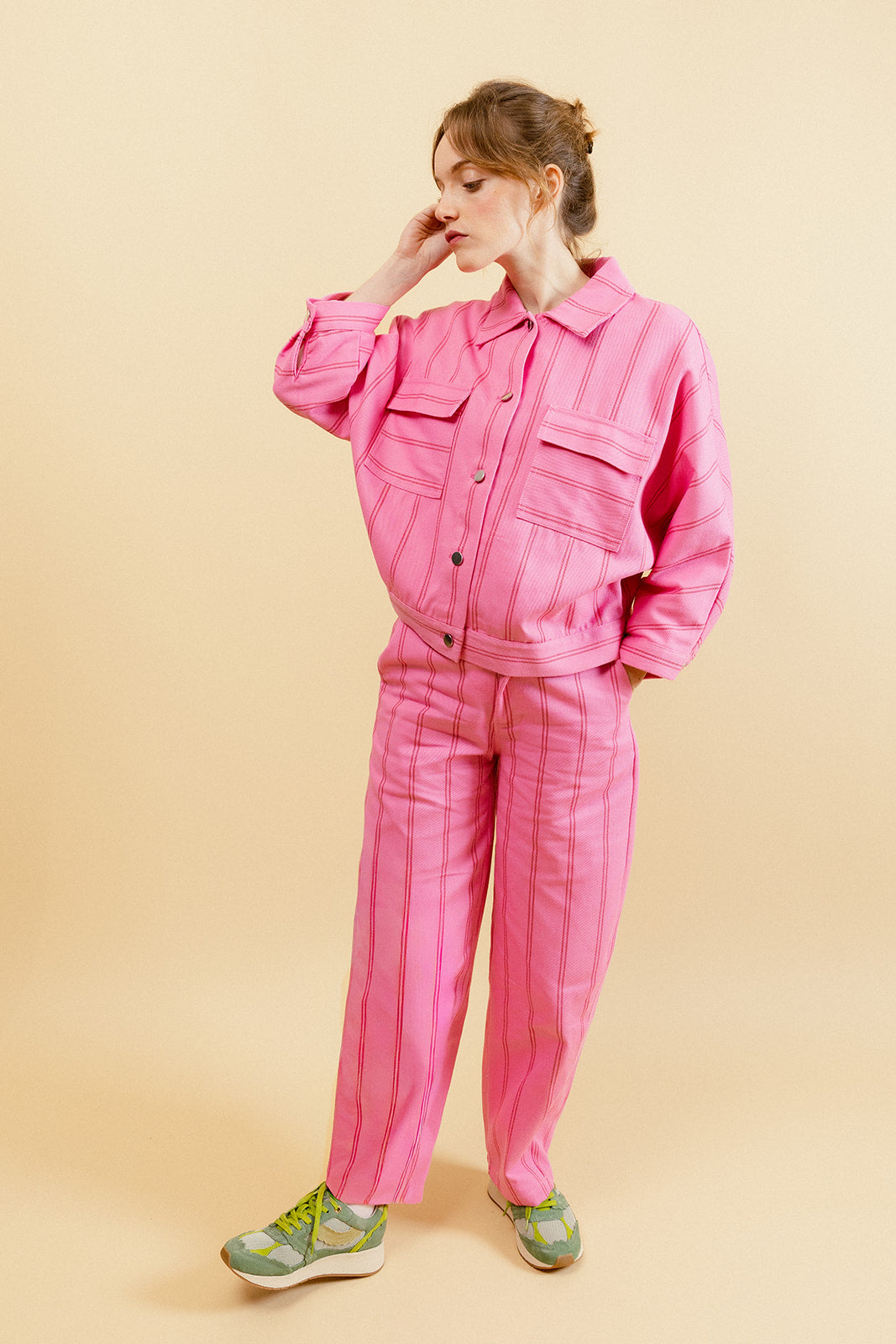 VICKI - Pantalon Balloon Rose à Double Rayures