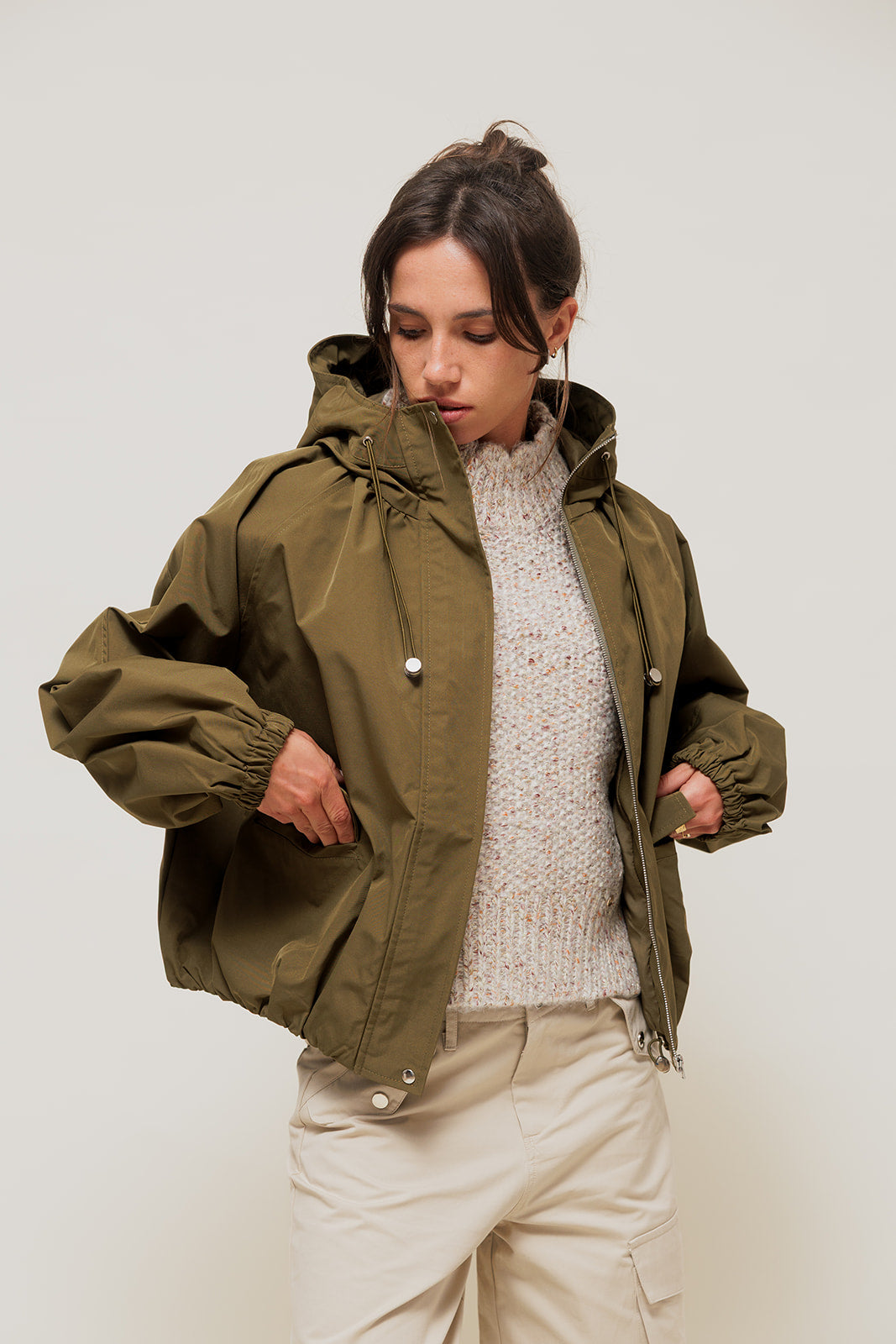 VELIANE - Parka Forme Balloon Imperméable Kaki à Capuche