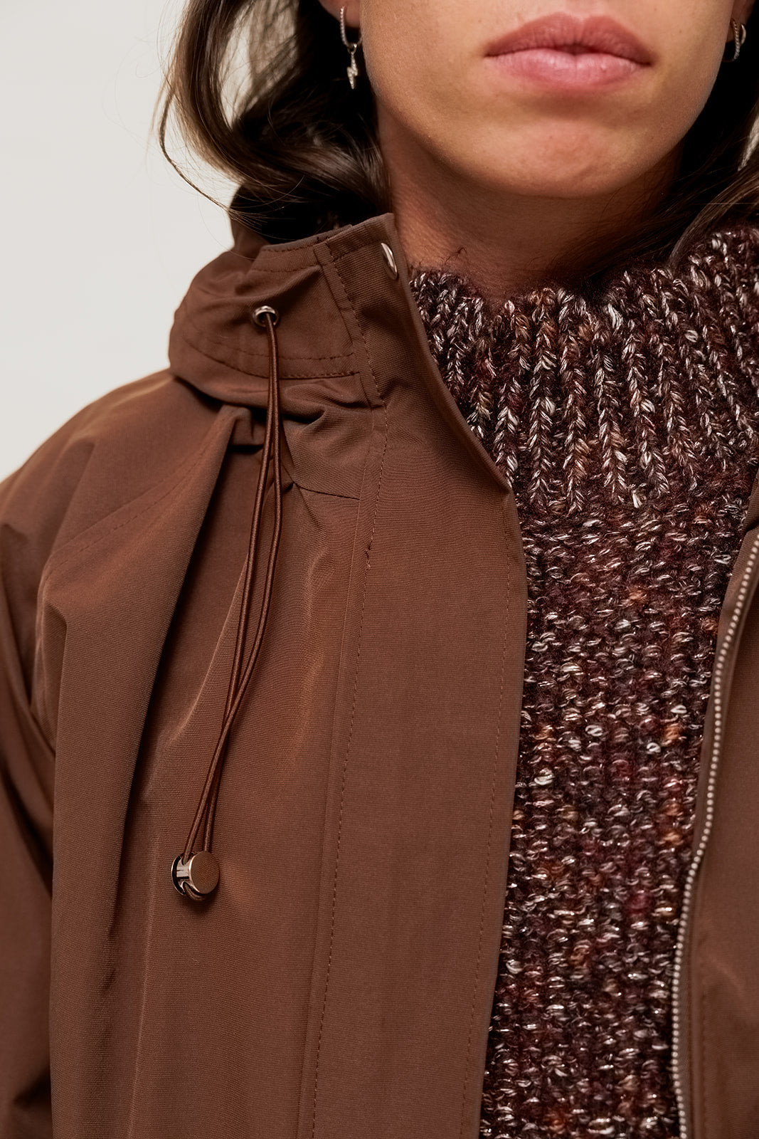 VELIANE - Parka Forme Balloon Imperméable Marron à Capuche