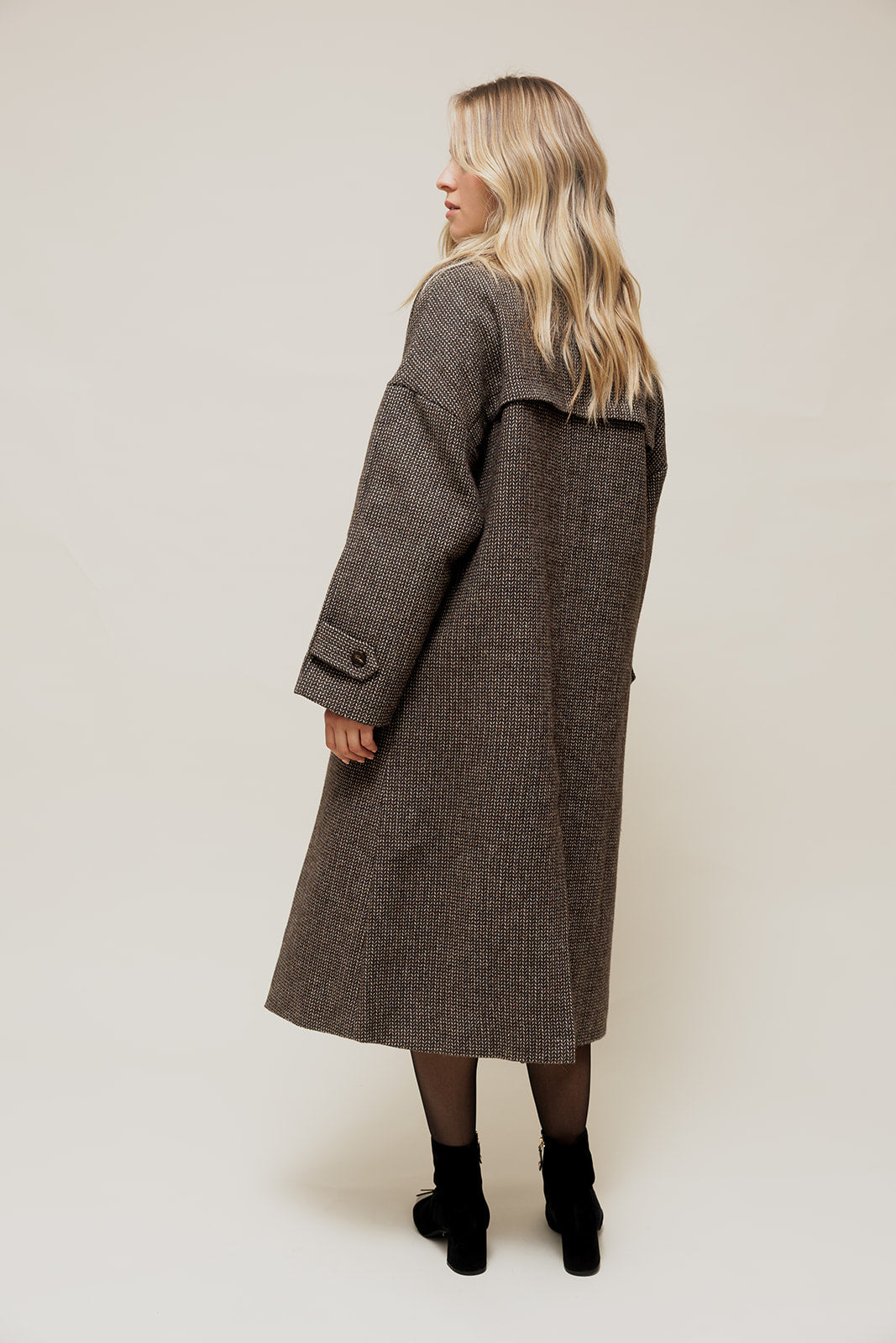 NORALY - Manteau Long Oversize en Chevron Gris à Double Boutonnage