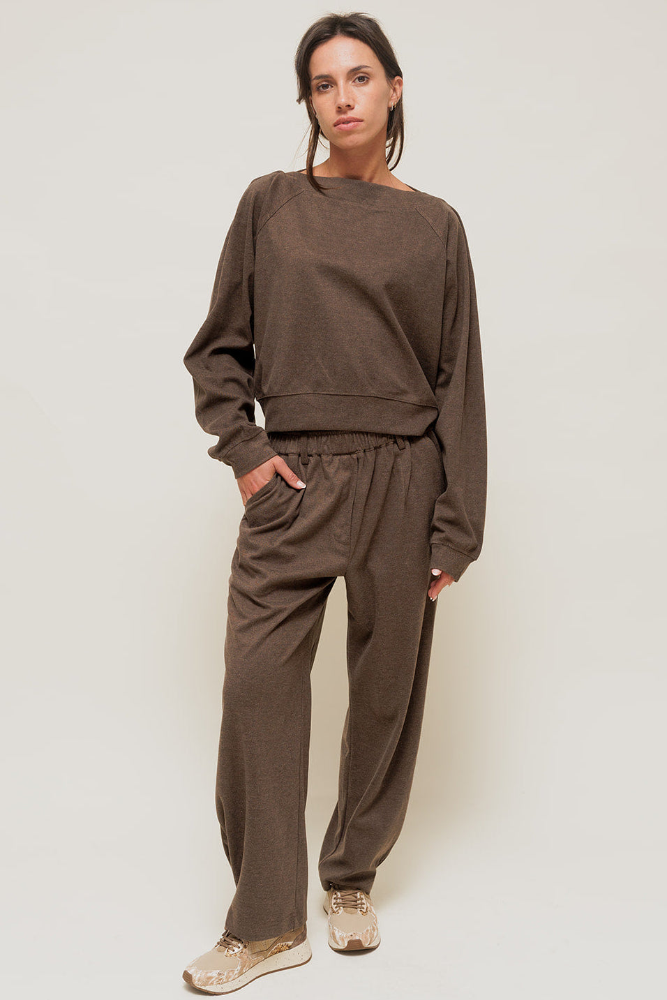 SELORIAH - Pantalon Coupe Large en Maille Sweat Marron