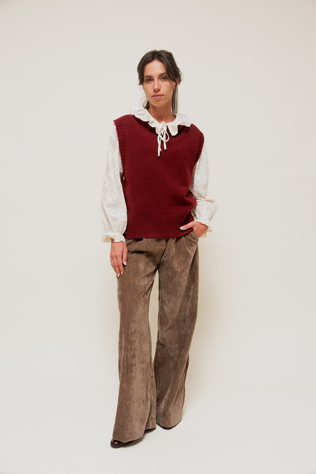 LYSORA - Pantalon Large effet Velours Taupe