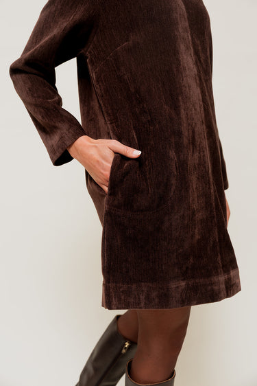 LORINE - Robe Courte Effet Velours à Manches Longues Chocolat