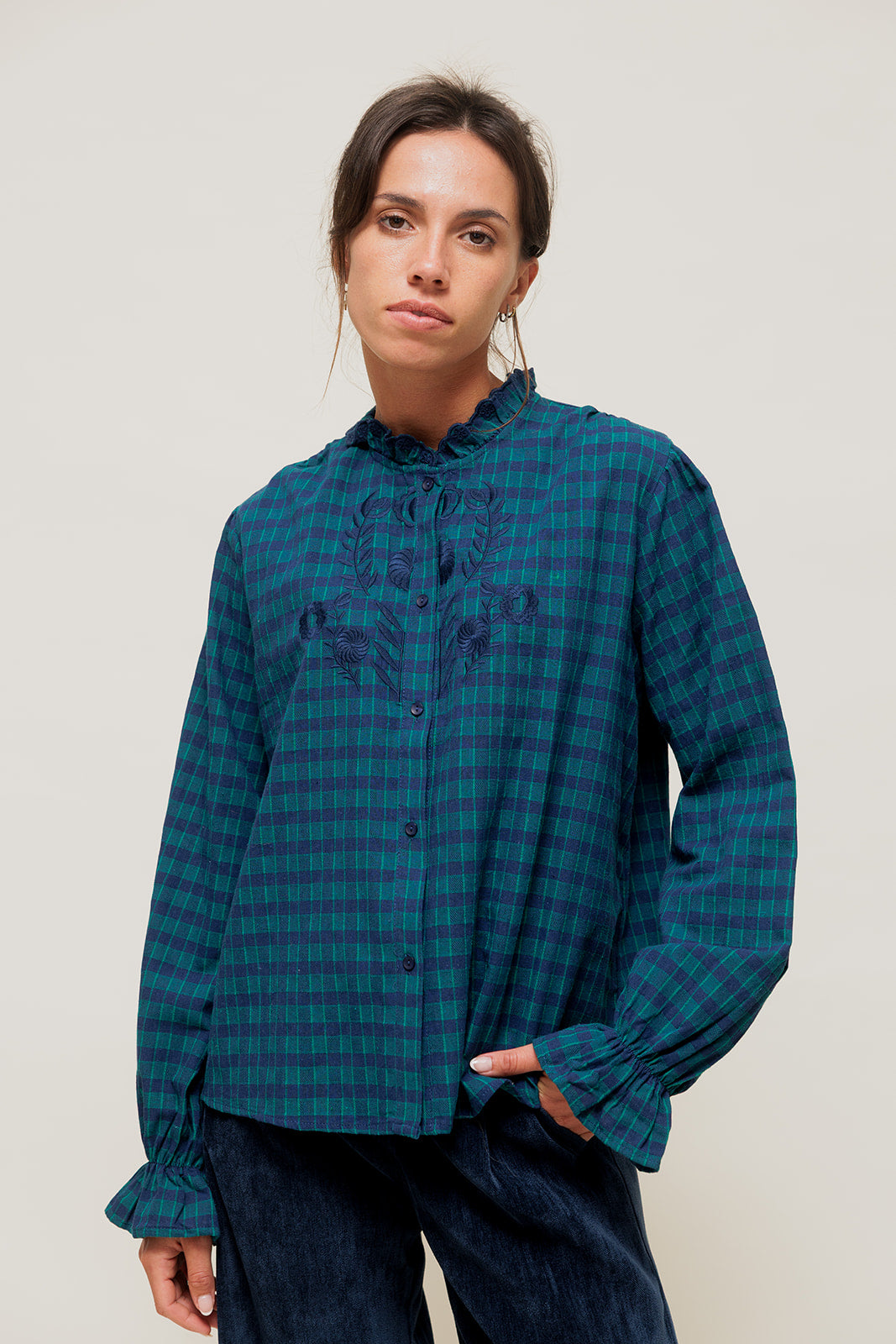 HELYSSA - Chemise à Carreaux et Grand Col Brodé Vert