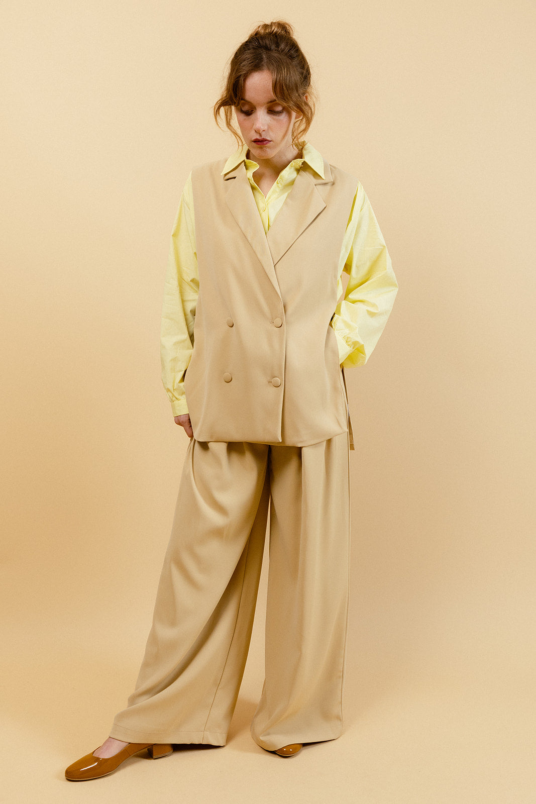 ANAÉ - Blazer Beige Long Sans Manches Uni